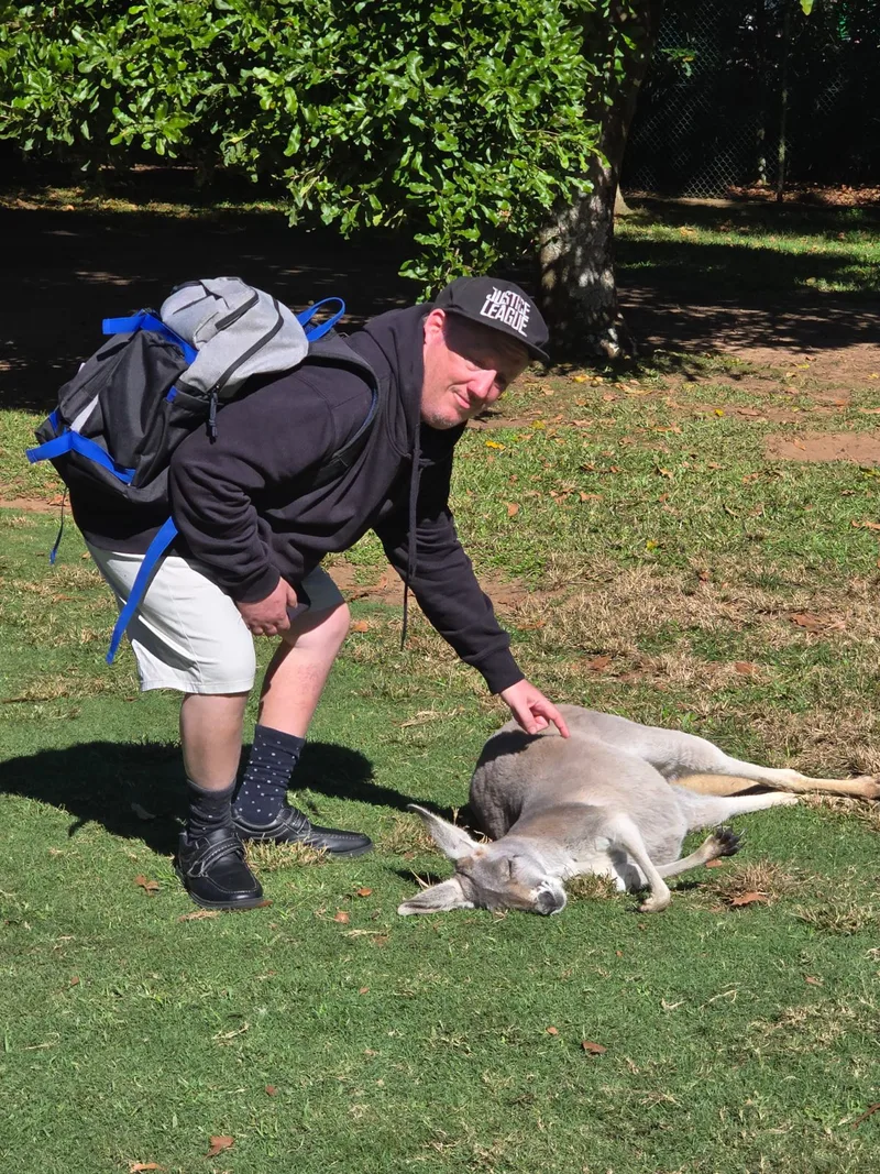 A participant meeting a kangaroo